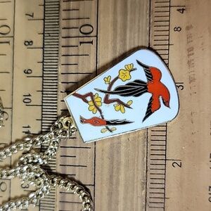 White Damascene Bird Pendant Long Chain